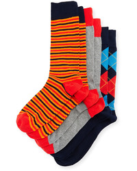 Neiman Marcus Three Pair Sock Set Navyredorange