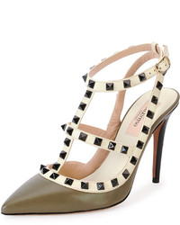 Valentino Rockstud Lacquer Stud Slingback Army Green
