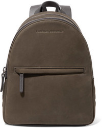 Brunello Cucinelli Leather Trimmed Studded Suede Backpack Army Green