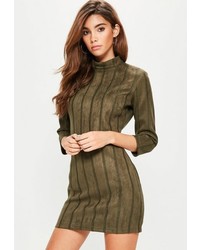 Missguided Khaki Faux Suede High Neck Bodycon Dress