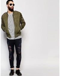 Asos Brand Khaki Suede Bomber Jacket In Military Styling