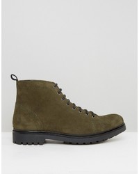 Asos Lace Up Boots In Khaki Suede With Cleated Chunky Sole