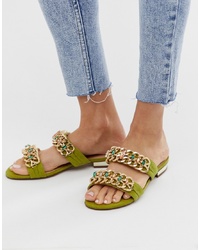 River Island Embellished Two Flat Sandals In Green