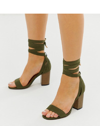 ASOS DESIGN Wide Fit Howling Tie Leg Heeled Sandals In Khaki