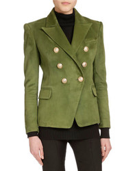 Balmain Classic Double Breasted Suede Jacket Olive