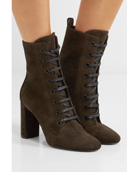 Saint Laurent Loulou Lace Up Suede Ankle Boots Army Green