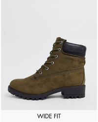 New Look Wide Fit Lace Up Flat Hiker Boot In Dark Khaki