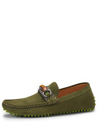 Gucci Bamboo Horsebit Suede Driver Olive