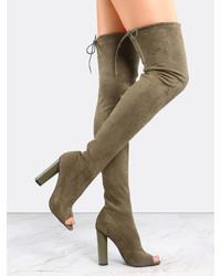 Shein Olive Green Suede Peep Toe Chunky Heel Over The Knee Boots