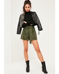 Missguided Khaki Faux Suede Tie Belt Highwaisted Shorts