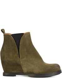 Olive Suede Wedge Ankle Boots