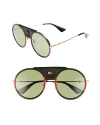 Gucci Web Block 56mm Round Sunglasses With Leather Wrap  
