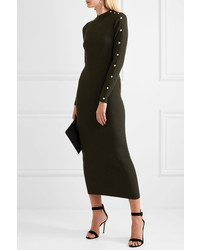 Versace Button Embellished Ribbed Wool Blend Midi Dress Army Green