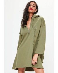 Missguided Khaki Hooded Ring Detail Sweater Dress