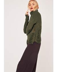 Missguided Turtle Neck Distressed Crop Sweater Khaki