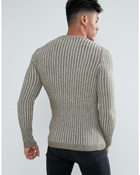 Asos Muscle Fit Ribbed Sweater In Khaki