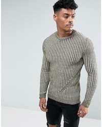 Asos Muscle Fit Ribbed Sweater In Khaki
