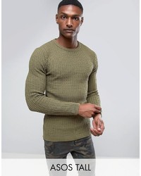 Asos Tall Muscle Fit Textured Sweater In Khaki