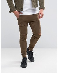 Asos Super Skinny Joggers With Knee Rips In Khaki
