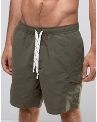 Asos Swim Shorts With Cargo Pocket And Drawcord Detail In Khaki Mid Length