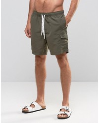 Asos Swim Shorts With Cargo Pocket And Drawcord Detail In Khaki Mid Length