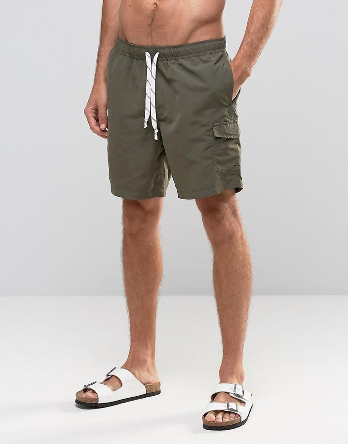 Asos Swim Shorts With Cargo Pocket And Drawcord Detail In Khaki Mid ...
