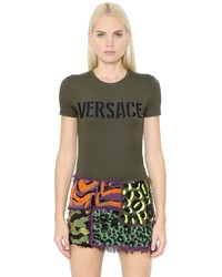 Versace Logo Embroidered Stretch Jersey T Shirt