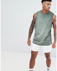 ASOS DESIGN Sleeveless T Shirt With Dropped Armhole With Heavy Pigt Wash In Khaki
