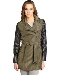 Laundry by Shelli Segal Olive And Black Belted Moto Trench Coat
