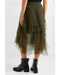 Brunello Cucinelli Tiered Tulle Midi Skirt Army Green