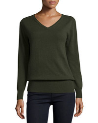 Neiman Marcus Cashmere Collection Long Sleeve V Neck Relaxed Fit Cashmere Sweater