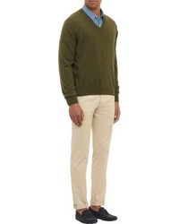 Barneys New York Cashmere V Neck Pullover Sweater Green