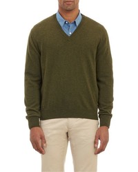 Barneys New York Cashmere V Neck Pullover Sweater Green