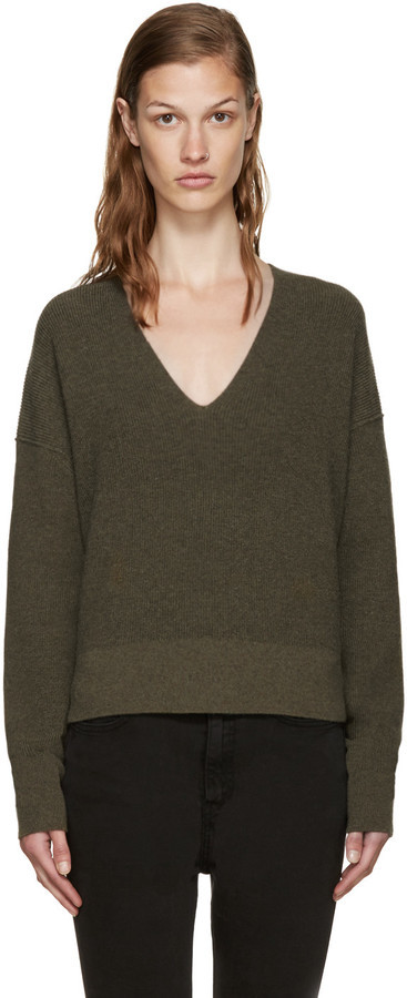 Cashmere Olive Green V-Neck Sweater