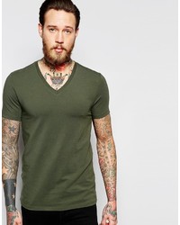 Asos Brand Muscle T Shirt With V Neck In Dark Green