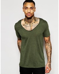 Asos Brand T Shirt With Deep V Neck In Linen Look Fabric In Green