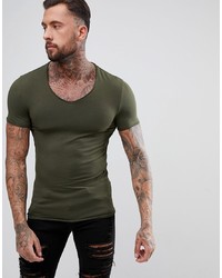 ASOS DESIGN Muscle Fit T Shirt With Raw Edge Rounded V Neck In Green