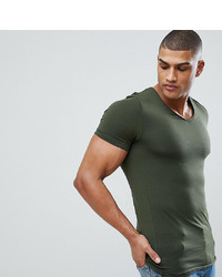 ASOS DESIGN Tall Muscle Fit T Shirt With Raw Edge Rounded V Neck In Green