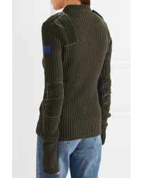 Off-White Cotton Velvet Paneled Ribbed Wool Sweater Army Green