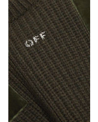 Off-White Cotton Velvet Paneled Ribbed Wool Sweater Army Green