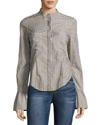 Frame Fitted Striped Poplin Top Green Pattern