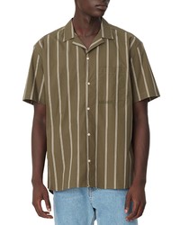 LES DEUX Leland Stripe Short Sleeve Organic Cotton Button Up Shirt In Olive Nightdark Sand At Nordstrom