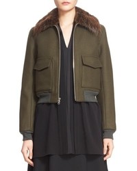 ADAM by Adam Lippes Adam Lippes Wool Blend Twill Bomber Jacket With Removable Genuine Beaver Fur Collar
