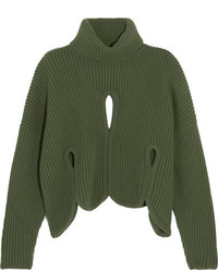 Antonio Berardi Cutout Ribbed Wool And Cashmere Blend Turtleneck Sweater Forest Green
