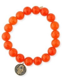 Sydney Evan 10mm Orange Agate Beaded Bracelet With Diamond Sapphire Hamsa Charm