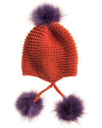 Inverni Knit Hat With Fur Pompoms Orange