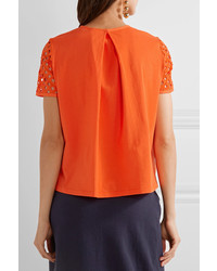 Tory Burch Hermosa Broderie Anglaise And Cotton Jersey Top Bright Orange