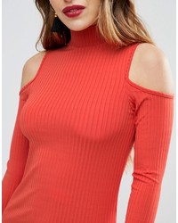 Asos Petite Petite Top With Cold Shoulder And High Neck In Clean Rib