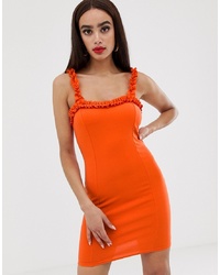 PrettyLittleThing Bodycon Mini Dress With Frill Edge In Orange