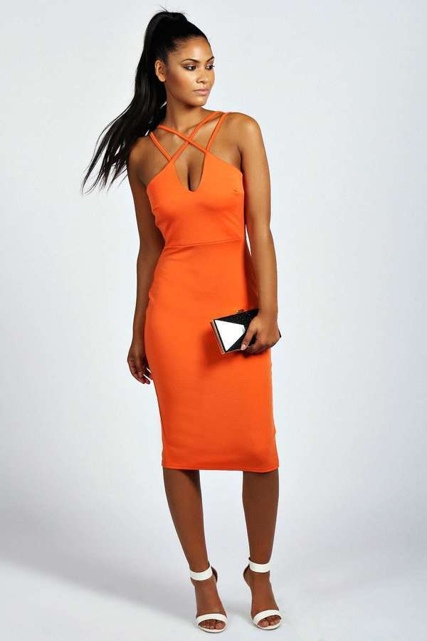 orange bodycon midi dress